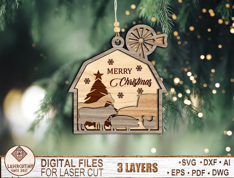 May include: A wooden Christmas ornament shaped like a barn with a windmill on top. The barn has a cutout of a Christmas tree, a horse, a cow, a pig, and a chicken. The text "Merry Christmas" is written on the barn.