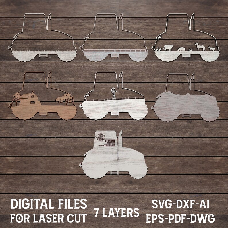 K&ouml;nnte beinhalten: Siebenlagige digitale Dateien zum Laserschneiden eines Traktordesigns. Die Dateien umfassen die Formate SVG, DXF, AI, EPS, PDF und DWG. Das Traktordesign zeigt verschiedene Szenen, darunter einen Bauernhof, einen Stall und eine Windm&uuml;hle.