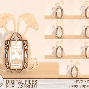 Niedliche Häschen Osterlaternen PDF, SVG Light Box, Häschen Laterne Ostern Wohnkultur Teelicht Osterlampe SVG Kerzenhalter, Glowforge Laser Cut