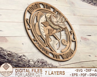 7 gelaagde vissen largemouth bass fish art decor, vissen art piece voor glowforge bestanden, bass fish SVG, pdf, ai, dxf, eps, DWG - multilayer