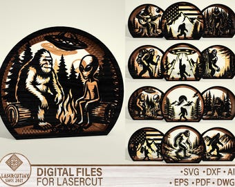 Bigfoot & Alien Lantern SVG, UFO kampvuur gelaagde lichtbak, Cryptid Forest Scene lasergesneden bestanden voor Glowforge Cricut, ufo-decor