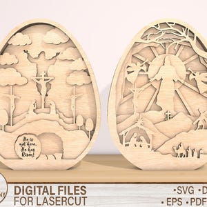 Decoración de huevo de resurrección Svg, Él ha resucitado Svg, Archivo cortado con láser, Decoración de bandeja escalonada, Decoraciones religiosas de Pascua, Archivo cortado en capas de Pascua, Cruz de madera