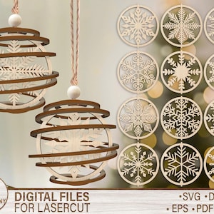 May include: Wooden Christmas ornaments with snowflake designs. Two ornaments are spherical with a snowflake in the center and brown spiral accents. The other ornaments are circular with various snowflake patterns. The text "DIGITAL FILES FOR LASERCUT" is visible.