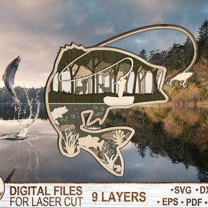 May include: A layered wood cutout design of a bass fish jumping out of the water with a fisherman in a boat. The design is made for laser cutting and has 9 layers. The design is in shades of green and brown.