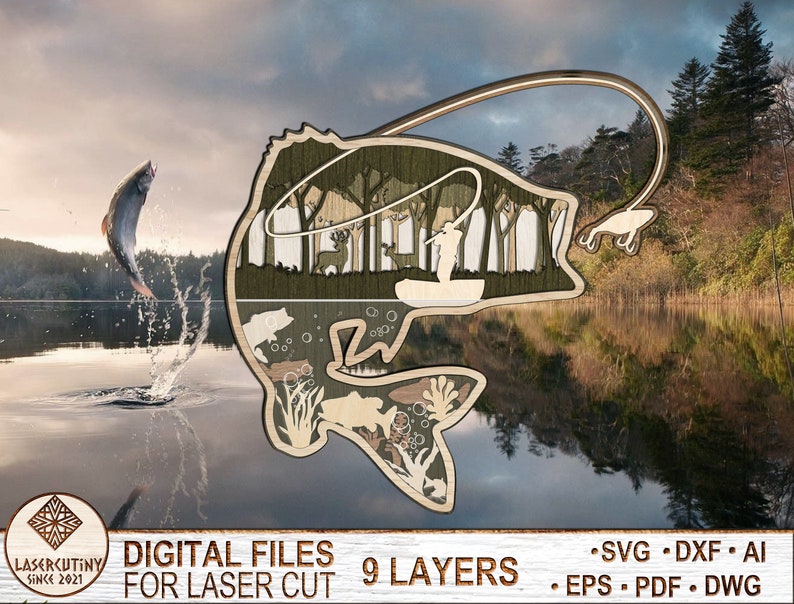 May include: A layered wood cutout design of a bass fish jumping out of the water with a fisherman in a boat. The design is made for laser cutting and has 9 layers. The design is in shades of green and brown.