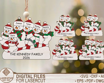 Family Snowman Ornament SVG Bundle, Personalized Christmas Ornament Laser Cut Files, Custom Name Holiday Decoration for Glowforge Cricut
