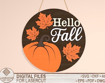 Letrero de puerta con calabaza de otoño SVG, colgador de puerta con calabazas de otoño, colgador de puerta redondo SVG, archivo cortado con láser Glowforge