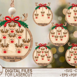 May include: Wooden Christmas bauble with a reindeer design. The bauble features a red bow, green leaves, and the text "The Wilson Family 2026". Each reindeer has a name. Digital files for laser cut.
