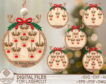 Personalized Christmas Family Ornament 2026, Reindeer Family Ornament SVG, Custom Name Laser Cut File, Glowforge File Cricut SVG