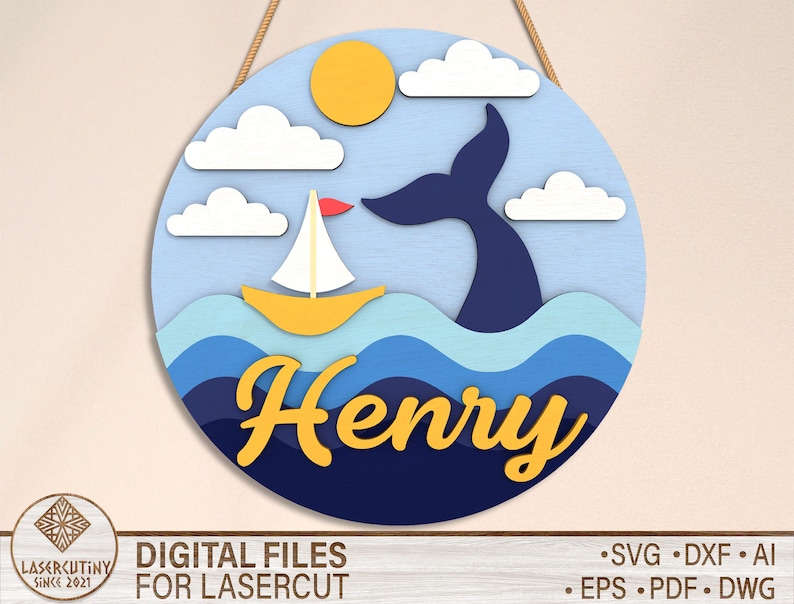 May include: A blue and yellow nautical themed wooden sign with the name "Henry" in yellow letters. The sign features a sailboat, a whale tail, and clouds against a blue background.
