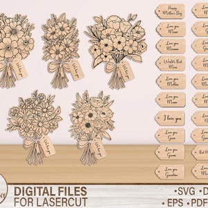 Flores en maceta personalizadas para mamá, plan SVG cortado con láser para regalo del Día de la Madre, archivos cortados con láser para ramo de flores silvestres