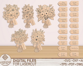Personalized Standing Pot Flowers for Mom, Mother’s day gift laser cut SVG plan, wildflowers bouquet laser cut files gift