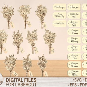 Ramo de flores cortado con láser (archivo SVG), ramo de flores silvestres cortado con láser, flores para mamá (archivo SVG), archivo láser Glowforge, feliz día de la madre