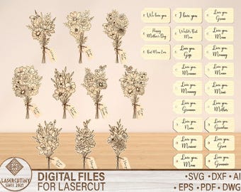 Ramo de flores cortado con láser (archivo SVG), ramo de flores silvestres cortado con láser, flores para mamá (archivo SVG), archivo láser Glowforge, feliz día de la madre