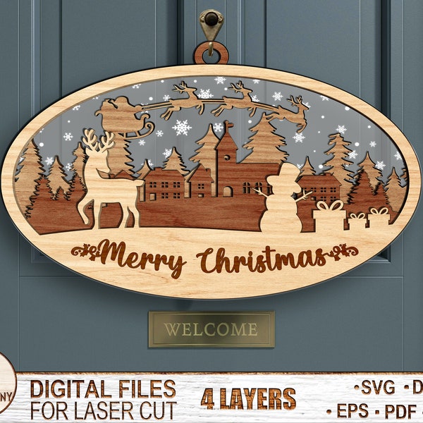 Multilayer Door Sign Christmas Scene - Glowforge SVG files - Christmas Ornament - Christmas Gift - Santa's Sleigh SVG - Laser Ready Cut File