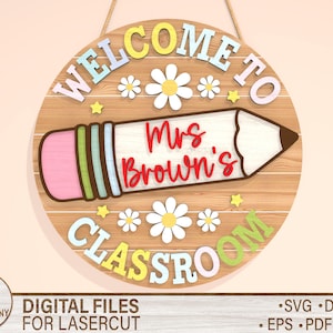 Placa de porta de sala de aula com arquivo SVG, porta-chaves redondo SVG, arquivo laser Glowforge, arquivo de corte Cricut, placa de boas-vindas para porta, placa com nome do professor