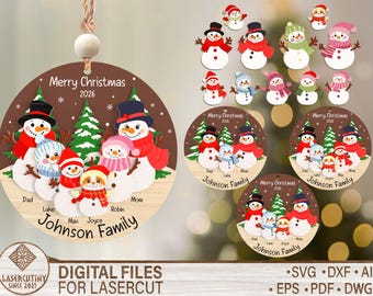 Personalized Christmas Ornament 2026, Snowman Family Ornament SVG , Custom Name Family Snowman, Laser Cut File for Glowforge