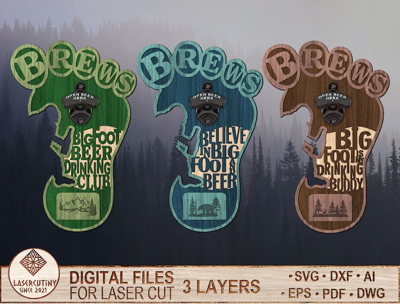 Puede incluir: Tres abridores de botellas de madera con tem&aacute;tica de Bigfoot en verde, azul y marr&oacute;n. Cada abridor tiene forma de pie con la palabra "BREWS" en la parte superior. El abridor verde dice "Bigfoot Beer Drinking Club". El abridor azul dice "Believe in Bigfoot & Beer". El abridor marr&oacute;n dice "Bigfoot is my Drinking Buddy."