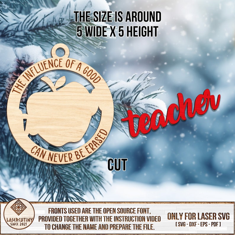 May include: A wooden ornament with a red apple and the text "The influence of a good teacher can never be erased". The ornament is 5 inches wide and 5 inches high. The word "teacher" is written in red cursive lettering.