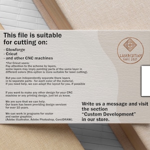 May include: A white card with black text that reads "This file is suitable for cutting on: Glowforge, Cricut, and other CNC machines." The card also includes a logo for a company called "Lasercutiny Since 2021".