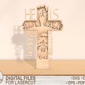 Svg de Pâques, calque 3D sur pied, croix de Pâques découpée au laser, Svg Il est ressuscité, Svg religieux, Svg de Pâques chrétiennes, décorations religieuses de Pâques