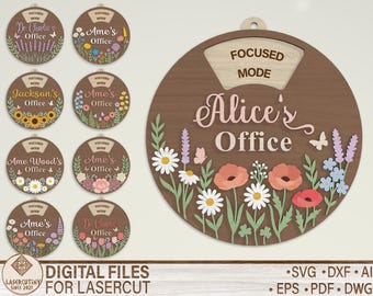 Personalized Office Spinner Sign SVG, Roating Office Sign Plaque Laser Cut File, Custom Name Floral Office Decor for Glowforge CNC
