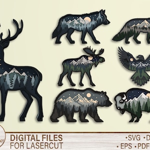 Può includere: Una collezione di sagome di animali in legno tagliate al laser, tra cui un cervo, un lupo, una volpe, un alce, un'aquila, un orso e un bisonte. Ogni animale presenta un design di montagna e foresta con luna e stelle. È presente anche il testo "DIGITAL FILES FOR LASERCUT".