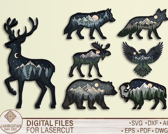 Multilayer Mountain Forest Animal Laser Cut SVG, Wildlife Wood Art DXF Files, Bear Wolf Deer Eagle Moose CNC Laser Design Bundle for Decor