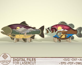 Multilayer Bass Fish Lake Sunset Laser Cut SVG, Wooden Fishing Wall Art DXF, Mountain Landscape Decor, CNC Laser Cut Files Bundle