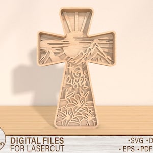 Osterkreuz 3D-Schicht Stehend Cutdatei-Svg, Er ist auferstandenes Blatt-Svg, religiöses Zeichen-Svg, Ostern Laser-Schnitt, Jesus-Dateien-Svg, religiöse Osterdekorationen