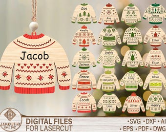 Könnte beinhalten: Weihnachtsschmuck aus Holz in Form von Pullovern mit Namen wie Jacob, Zoe und William. Die Ornamente sind hellbraun mit roten und grünen Akzenten und zeigen Schneeflocken-, Herz- und Baumdesigns. Der Text "DIGITAL FILES FOR LASERCUT" ist ebenfalls sichtbar.