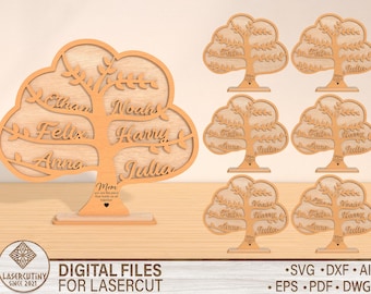 SVG Family Tree Laser Cut File, Grandkids Tree SVG, Digital Download Mothers Day gift ,Round Family Name Sig, glowforge cut files