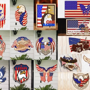 May include: A collection of wooden signs featuring American flag designs, eagles, and patriotic phrases like "One Nation Under God" and "Home of the Brave, Land of the Free".
