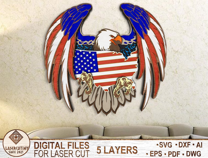 May include: A five-layer laser cut design of an American bald eagle with its wings spread wide. The eagle is holding an American flag in its talons. The design is perfect for patriotic home decor.