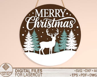 Merry Christmas Round Sign SVG – Reindeer & Pine Trees Winter Scene for Laser Cut | Holiday Door Hanger File