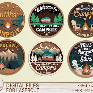 May include: A collection of six circular wooden signs with camping themes. Designs include campfires, chairs, tents, and RVs, with text such as "Campsite" and family names. The signs are in various colors, including brown, green, and blue.