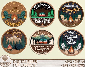 Personalized Camping Door Sign SVG Bundle , Custom Family Campsite Sign with Campfire & Camper, Laser Cut File Glowforge Xtool Download