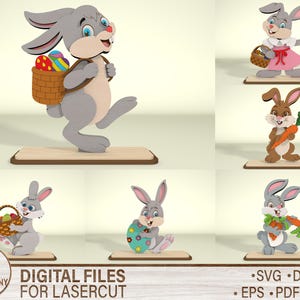 May include: A collection of Easter-themed laser cut digital files featuring cartoon bunnies. The bunnies are depicted in various poses, some carrying baskets of eggs, others with carrots, and one with a decorated egg. The files are available in SVG, DXF, AI, EPS, PDF, and DWG formats.