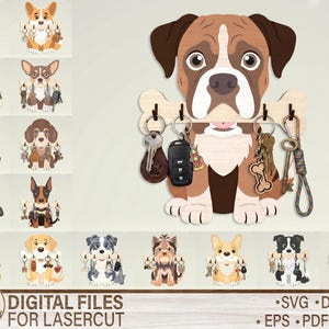 May include: A wooden key holder with a Boxer dog design, holding a bone-shaped key rack. The key rack holds keys and a car key fob. Other dog breed key holders are displayed. Text reads "DIGITAL FILES FOR LASERCUT".