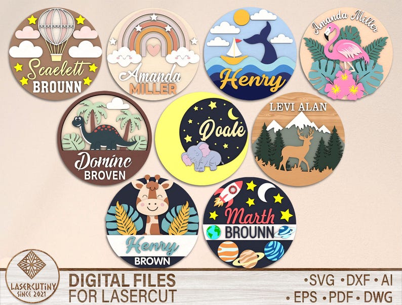 May include: Set of ten digital files for laser cutting personalized wooden signs. Each sign features a different design, including a hot air balloon, rainbow, whale tail, flamingo, dinosaur, elephant, deer, giraffe, rocket, and planets. The signs are perfect for a nursery, playroom, or bedroom.
