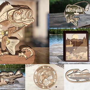 LaserCutiny Paquete de pesca multicapa 6 diseños - Archivos svg Glowforge - Archivos digitales