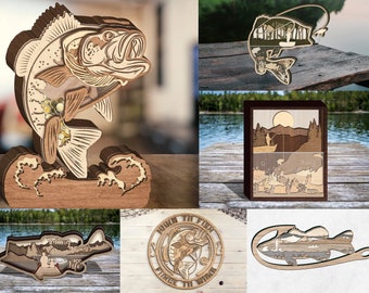 LaserCutiny Multi-layer Fishing Bundle 6 Designs - Glowforge svg files - Digital Files