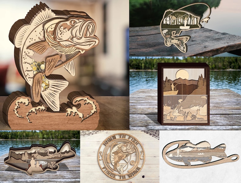 May include: A set of six laser cut wooden fishing themed wall decor pieces. The pieces feature a bass fish, a fisherman on a lake, a bass fish with a hook, a bass fish with a fishing lure, a bass fish with a fishing rod, and a bass fish with a fishing net.