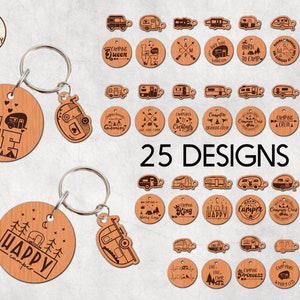 May include: 25 designs for wooden keychains featuring a camper van and various camping-themed phrases. The keychains are made of light brown wood and have a silver metal ring.