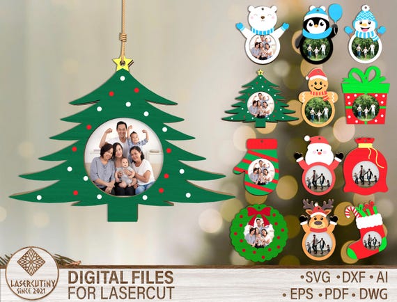 Christmas Photo Ornament SVG, Family Picture Frame Laser Cut File, Holiday Tree Ornament Glowforge SVG, Xmas Gift Tag Bundle, Festive Decor