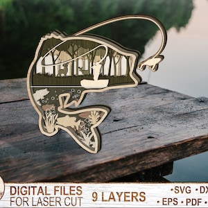 9 Layered Largemouth Bass Fish, Bass Fish SVG Glowforge, Fishing Fisherman SVG, Multilayer Fishing Scene landscape, Laser Ready Cut File