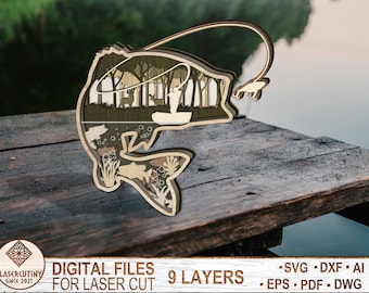 9 gelaagde Largemouth Bass Fish, Bass Fish SVG Glowforge, Fishing Fisherman SVG, Multilayer Fishing Scene landschap, Laser Ready Cut File