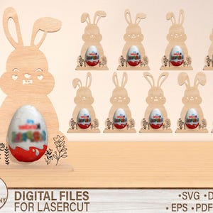 Soporte para huevos de conejo de Pascua cortado con láser Svg, organizador de soporte para huevos de Pascua, soporte para huevos de conejo svg