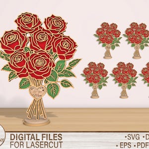 Arquivo de corte a laser de buquê de flores rosas Svg, flor de rosas Svg, dia das mães SVG, presentes para casais, arquivo Glowforge para presente de mãe