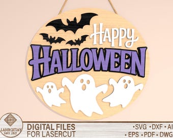 Happy Halloween Ghosts and Bats Sign, Happy Halloween Laser Cut Files, Glowforge file,  Laser Cut Files
